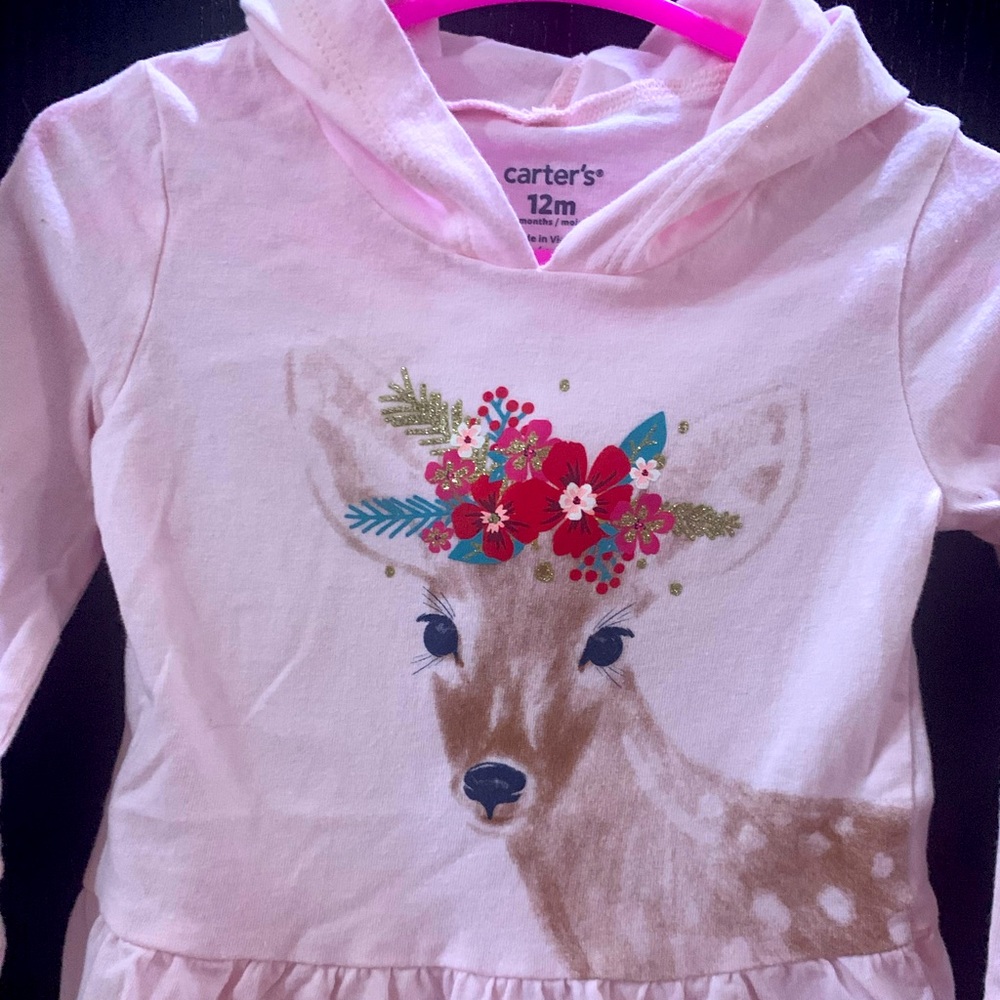 Carter's Hooded Long Sleeves,Pink,Deer Print,12M